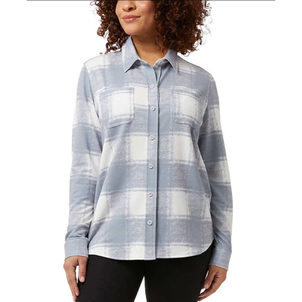 NEW NWT Gray Plaid Sz XL Casual Wear Soft Stretchy Button Up Shirt 32 DEGREES